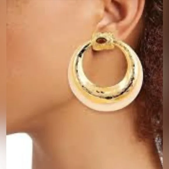 Gas Bijoux Authentic Meknes 24KGold Plated Hoop Earrings Marquise Glass Cabochon